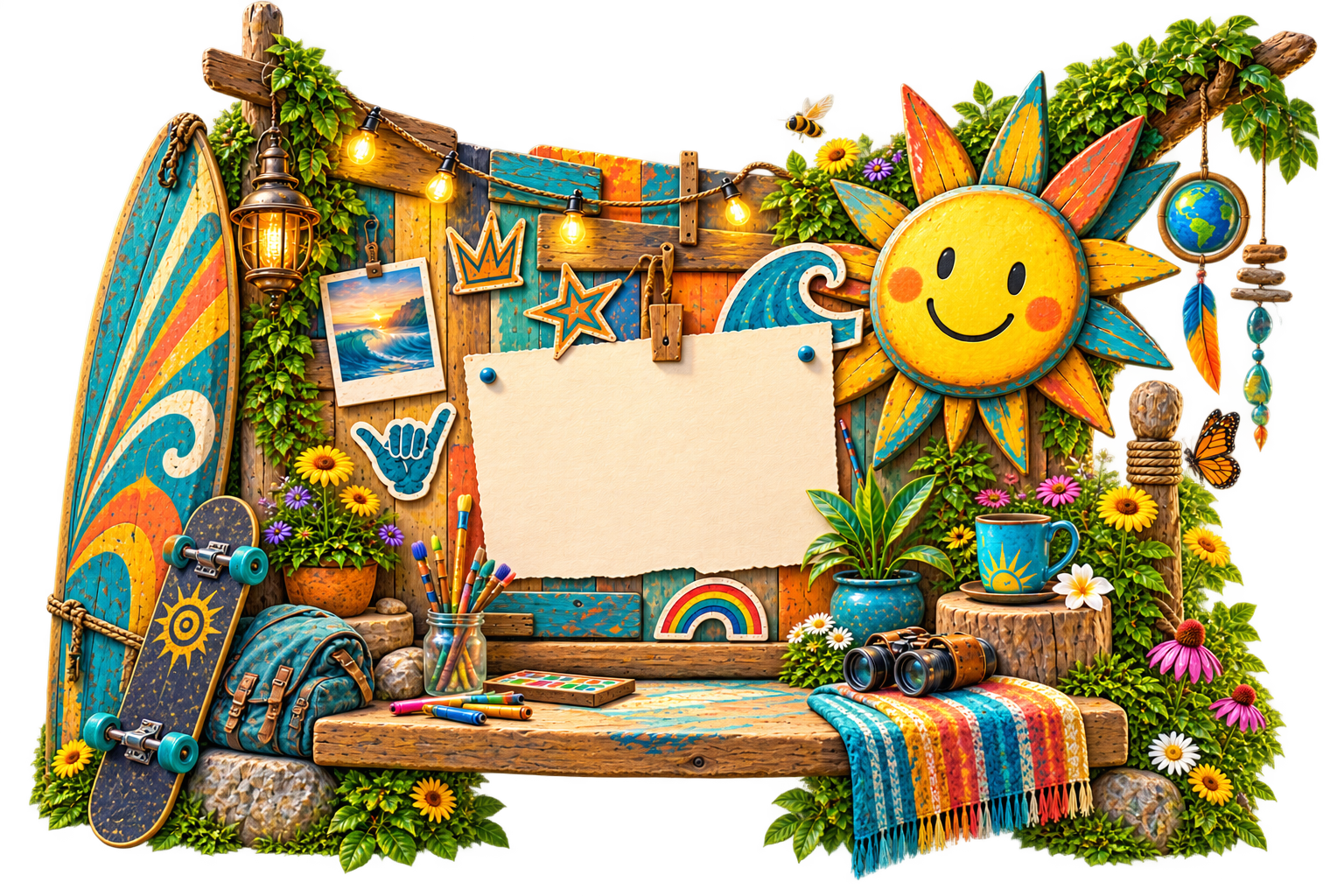 A handcrafted Creation OG welcome place with a smiling sun, creative tools, living plants and an intentionally blank card waiting for what the visitor brings