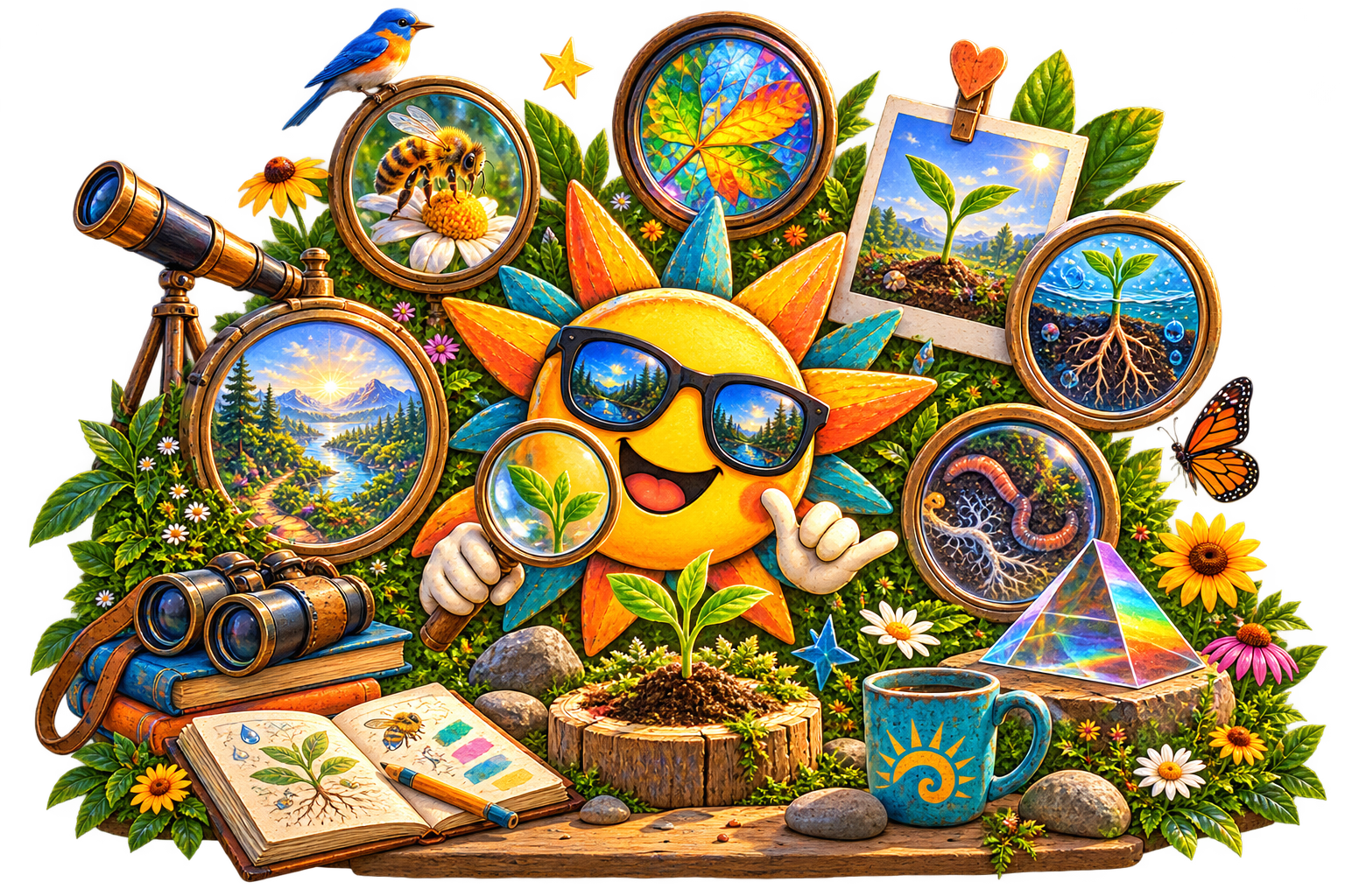 The Creation OG sunshine wearing dark lenses and exploring one living seedling through many perspectives, including roots, pollination, patterns and the wider living world
